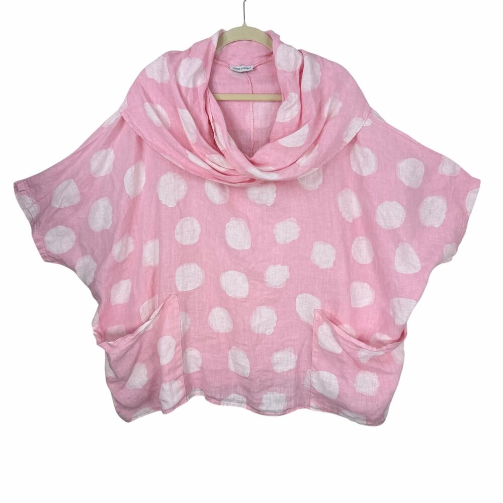 Made in Italy Oversized Linen Tunic Top Womens OS Polka Dot Cowl Lagenlook